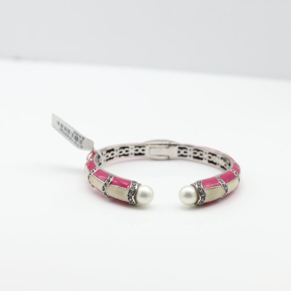 Sterling Silver Bangle Cuff Bracelet Pink and White Enamel Quartz stones and Pea - Picture 3 of 10